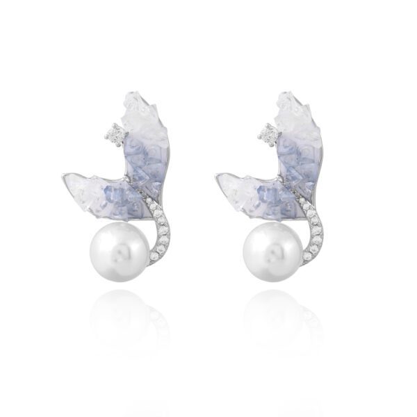 Brinco Sereia Pedra de Sal Blue Pérola Shell e Zircônia Cristal Banho Ródio Branco